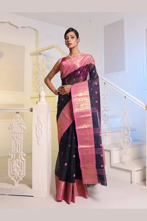Charukriti Navy Blue & Pink Ethnic Motifs Woven Design Zari Pure Cotton Taant Saree