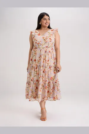 20Dresses Plus Size Yellow Floral Printed V-Neck Tiered Fit & Flare Midi Dress