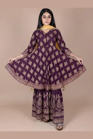 HERE&NOW Violet & Gold Ethnic Printed Anarkali Kurta with Sharara with Dupatta