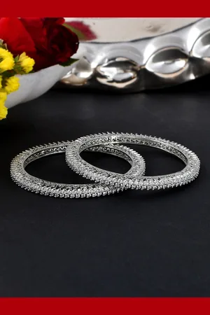 Voylla Set Of 2 Rhodium-Plated & CZ Studded Bangles