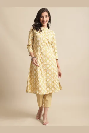 CANTABIL Ethnic Motifs Printed Band Collar Pure Cotton Regular Kurta with Trousers