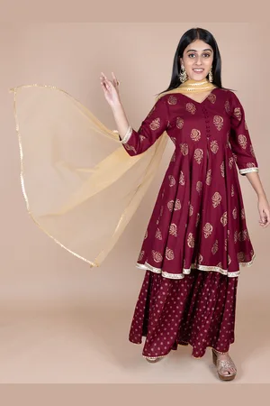 HERE&NOW Violet & Gold Ethnic Printed Anarkali Kurta with Sharara with Dupatta