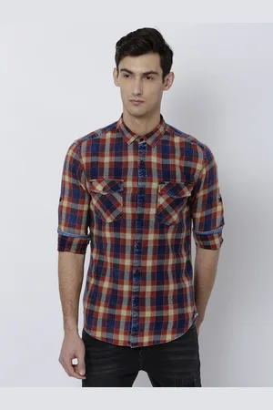 LocoMotive Men Rust & Blue Slim Fit Checked Casual Shirt