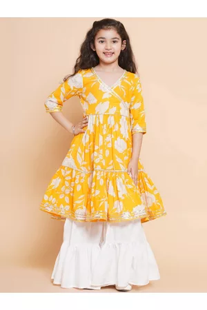 Bhama Girls Floral Printed Angrakha Gotta Patti Pure Cotton Kurta with Sharara