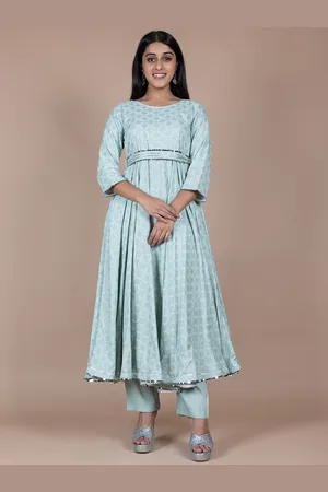 HERE&NOW Sea Green Ethnic Printed Anarkali Kurta with Trousers