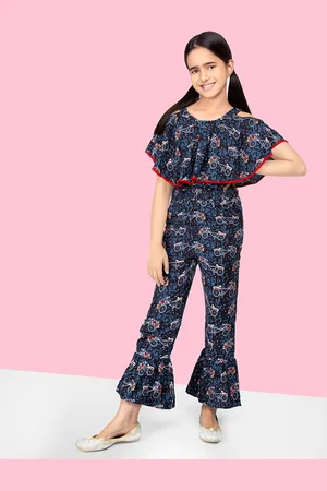 naughty ninos Girls Printed Basic Jumpsuit with Lace Inserts