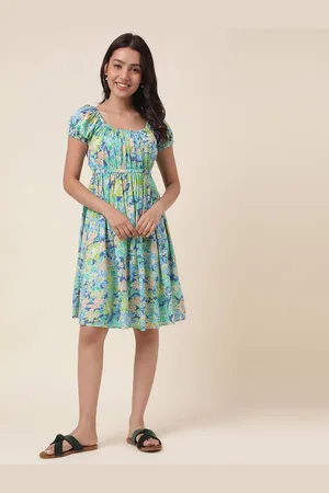Fabindia Gathered Floral Printed Puff Sleeve Fit & Flare Dress