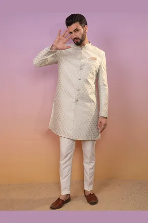 KISAH Men Ethnic Motifs Woven Design Mandarin Collar Indowestern Sherwani Set