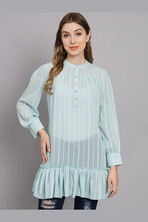 Nehamta Turquoise Blue Striped Puff Sleeve Chiffon Tunics