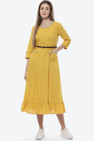 Rangriti Mustard Yellow Ethnic Motifs Printed Midi Dress