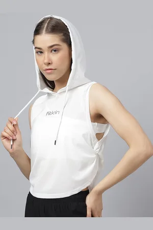 Fitkin Women White Self Design Hooded Side Twist Top