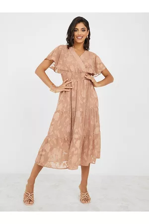 Styli Floral Printed V-Neck Smocked Tiered Flared Sleeve Fit & Flare Midi Dress