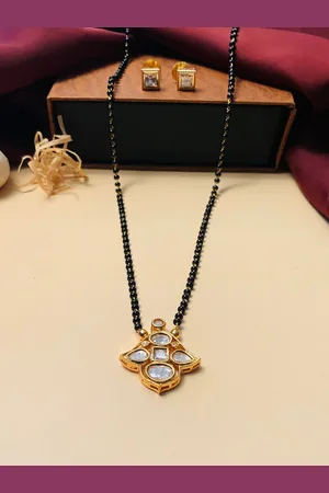 ABDESIGNS Gold-Plated AD Stone-Studded & Beaded Mangalsutra With Earrings