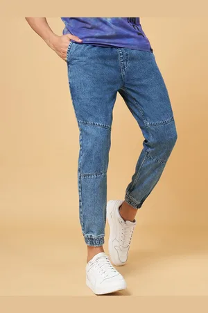 PEOPLE Men Blue Mid-Rise Plain Denim Cotton Joggers