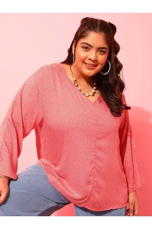 CURVY STREET Pink Plus Size Polka Dots Printed V-Neck Crepe Top