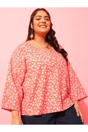 CURVY STREET Peach-Coloured Plus Size Floral Printed V-Neck Crepe Top