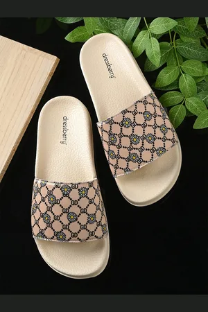 DressBerry Women Beige And Black Printed Sliders