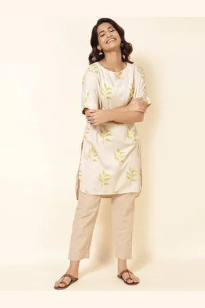 Fabindia Floral Printed Extended Sleeves Cotton Linen High Low Kurta