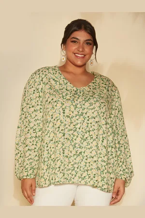20Dresses Plus Size Green And White Floral Printed Peter Pan Collar Casual Shirt