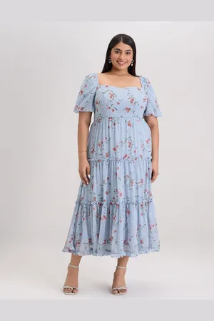 20Dresses Plus Size Blue Floral Printed Sweetheart Neck Tiered Fit & Flare Midi Dress