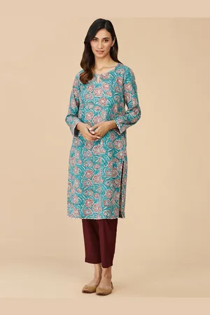 Fabindia Floral Printed Keyhole Neck Cotton Kurta