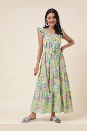 Fabindia Gathered Floral Printed smocked Layered Sleeveless Maxi Dress