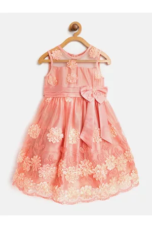 pspeaches Girls Peach-Coloured Net Embellished Fit & Flare Dress with Bow Detail