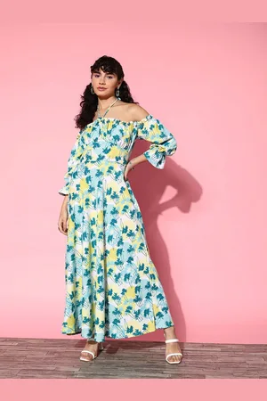 Kalini Tropical Printed Off-Shoulder Fit & Flare Maxi Dress