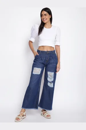 TALES & STORIES Women Blue Wide Leg Highly Distressed Light Fade Stretchable Jeans