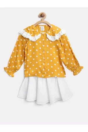 AWW HUNNIE Girls Mustard Yellow & White Printed Top with Self Design Skirt