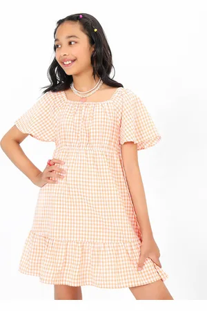 BONKIDS Girls Checked Flared Sleeve Gathered Cotton Drop Waist Dress
