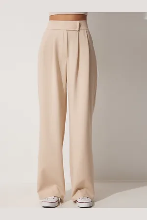 Happiness istanbul Women Plain Regular Fit Cotton Pleated Parallel Trousers