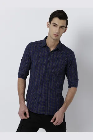 LocoMotive Men Blue & Navy Blue Slim Fit Checked Casual Shirt