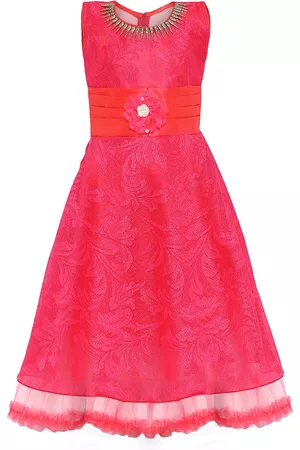Aarika Girls Peach-Coloured Self Design Fit and Flare Dress