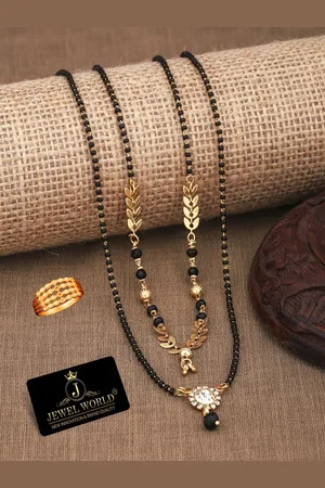 JEWEL WORLD Set Of 3 Gold-Plated Stone-Studded & Beaded Mangalsutra With Ring