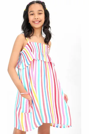 BONKIDS Girls Candy Striped Shoulder Straps Smocked Cotton A Line Dress