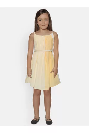 AWW HUNNIE Girls Yellow & Off-White Striped A-Line Dress