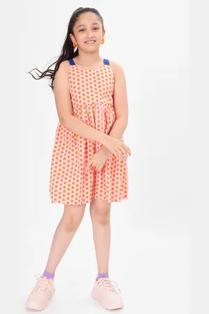 BONKIDS Girls Polka Dots Printed Shoulder Straps & Gathered Cotton Fit & Flare Dress