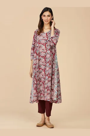 Fabindia Floral Printed V-Neck Cotton A-Line Kurta