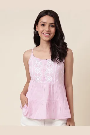 Fabindia Lavender Floral Embroidered Cotton A-Line Top