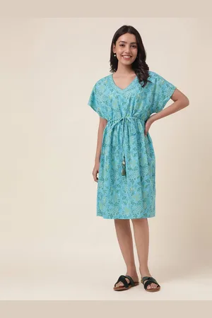 Fabindia Gathered Floral Printed V-Neck A-Line Dress