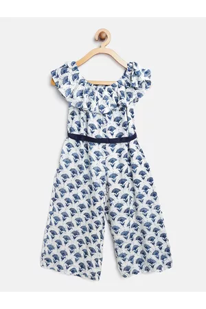AWW HUNNIE Girls Off-White & Blue Printed Off-Shoulder Culotte Jumpsuit