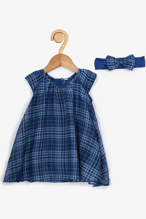 Creative Blue Checked A-Line Dress with Hairband