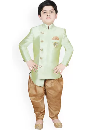 SG Boys Green & Gold-Coloured Solid Sherwani Set