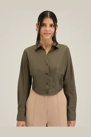 20Dresses Olive Green Comfort Spread Collar Pure Cotton Formal Shirt