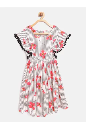 Bella Moda Girls Off-White & Pink Printed A-Line Dress