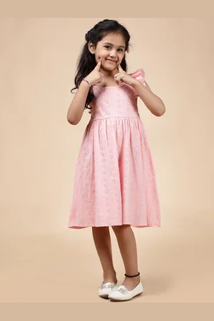 HERE&NOW Girls Pink Self Design Shoulder Straps Cotton Fit & Flare Dress