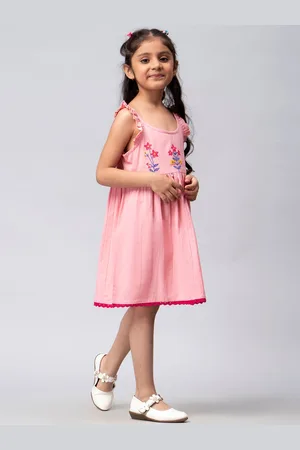 HERE&NOW Girls Pink & Blue Floral Embroidered Cotton A-Line Dress
