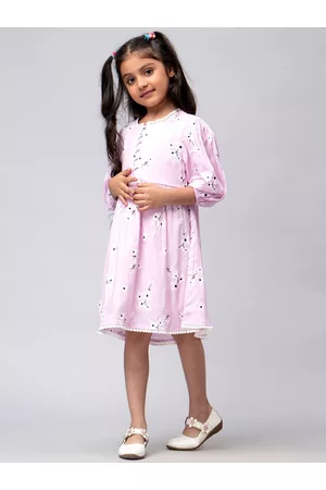 HERE&NOW Girls Lavender & White Floral Printed Puff Sleeves A-Line Dress