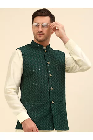 Green Plain Velvet Nehru Jacket - Veera Paridhaan - 3001157